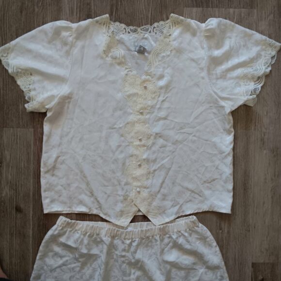 VTG Mervyns Pajama Set Floral Ivory Lace Satin Women XL Cottage Fairy Sleepwear - Picture 3 of 16